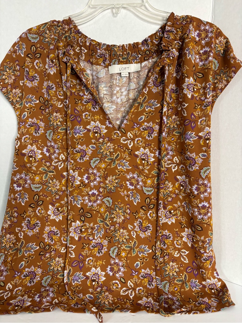 LOFT Rust Floral Tie-Neck Blouse